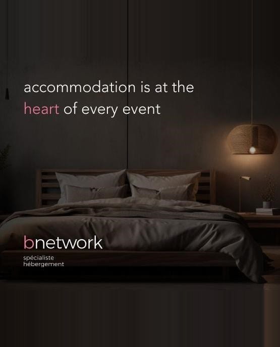 Visual of a modern hotel room with the text “Accommodation is at the heart of every event” and the bnetwork logo. 